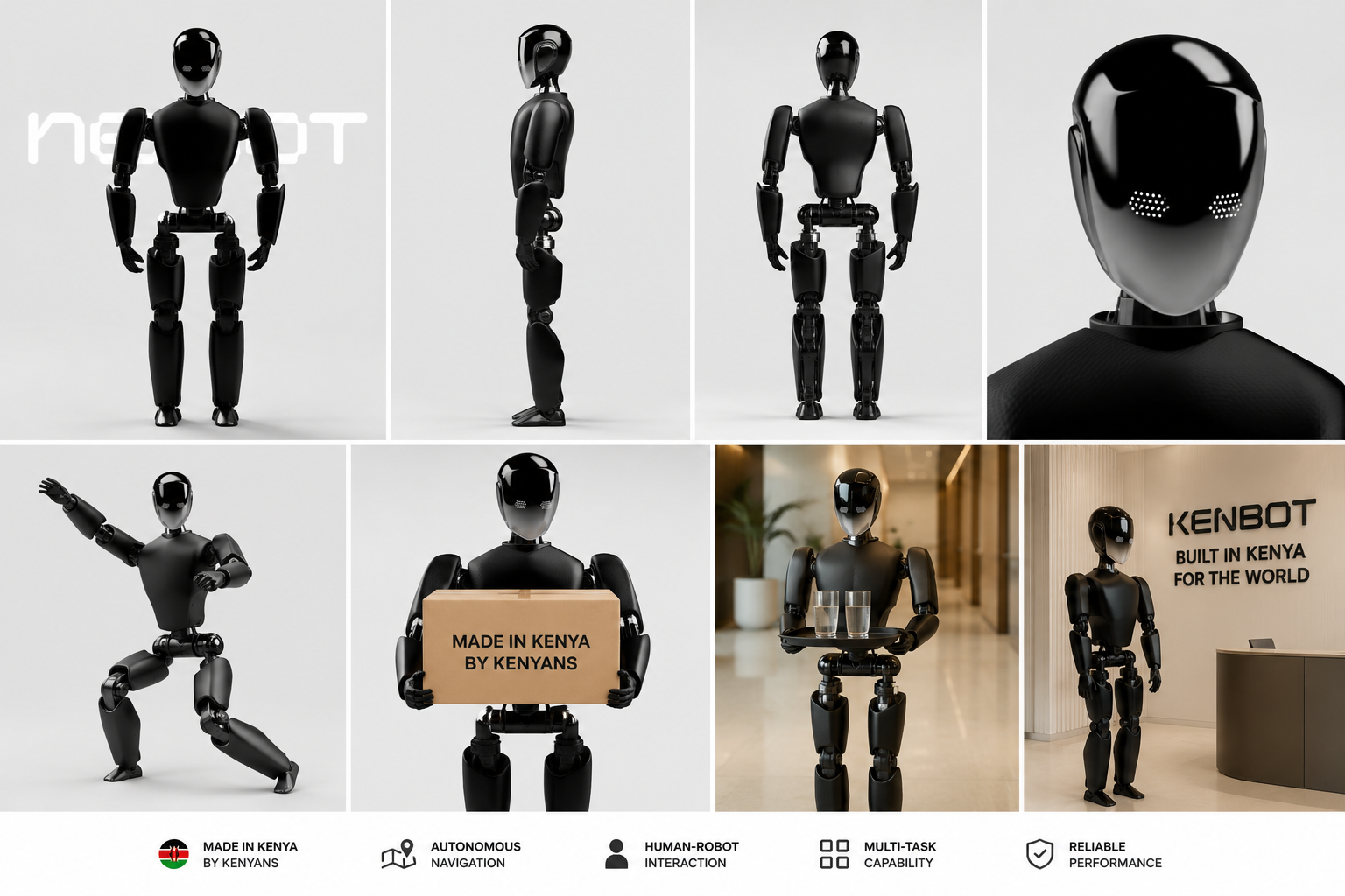 KenBot — front, side, rear, head detail, action poses, and Built in Kenya for the World