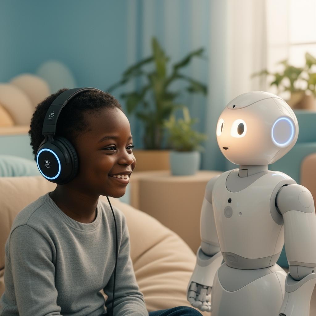 A child wearing sensory headphones engaging calmly with the KenBot inclusive learning robot